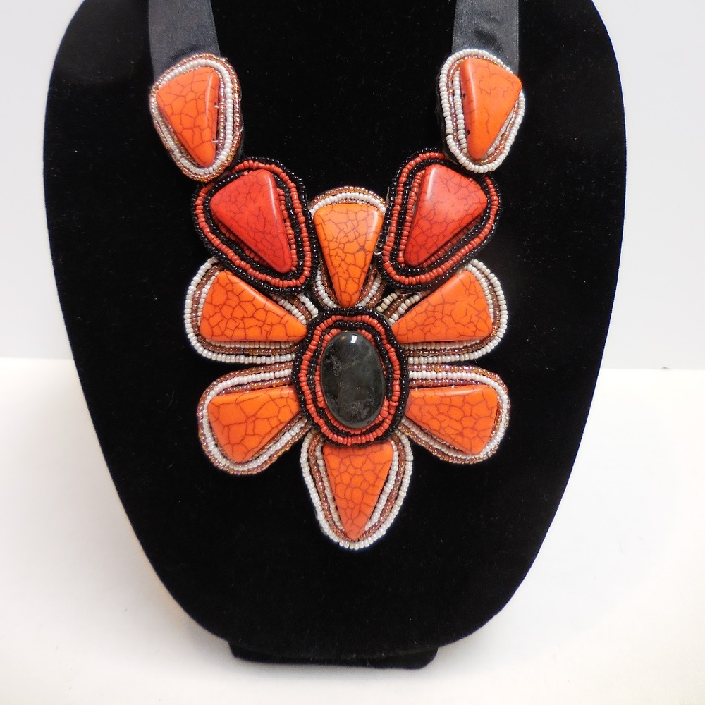 Beaded Shell Bib Necklace  Adjustable Ribbon  NWOT